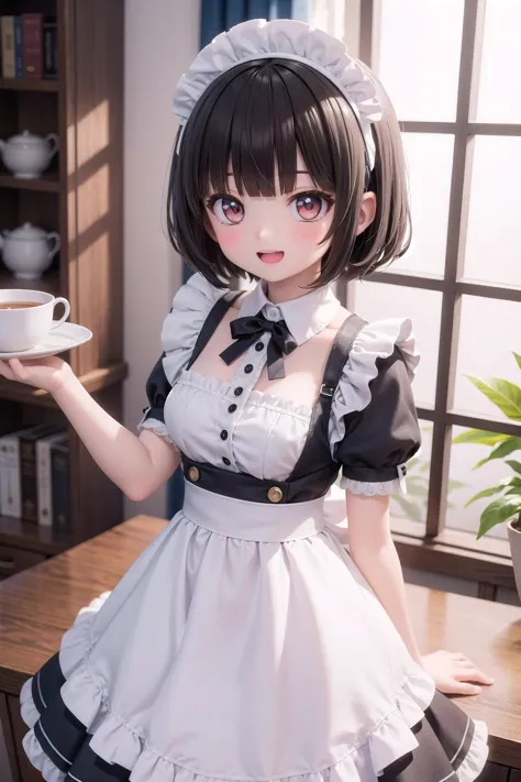 a woman in a maid outfit holding a cup of coffee