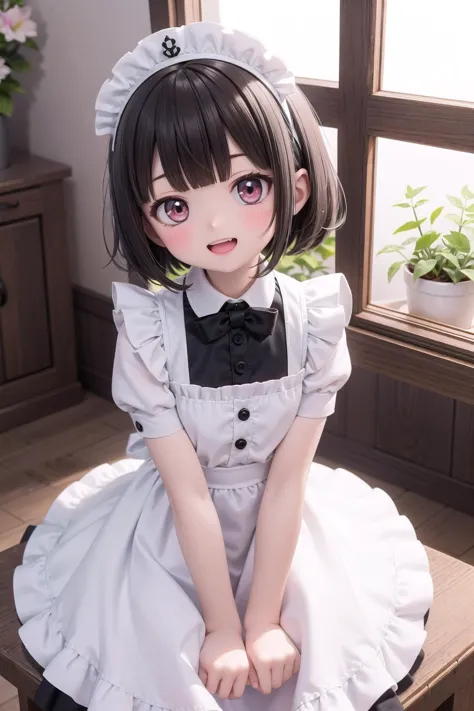 (masterpiece),  sunlight,  indoors,  1girl,  petite,  short hair,  black hair,  blunt bangs,  blush,  smile,  open mouth,  frills,  lace trim,  frilled dress,  maid apron,  maid headdress,  frilled apron,  back bow