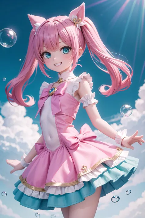 (masterpiece),  pink theme,  aqua theme,  magical girl,  bubble skirt,  grin