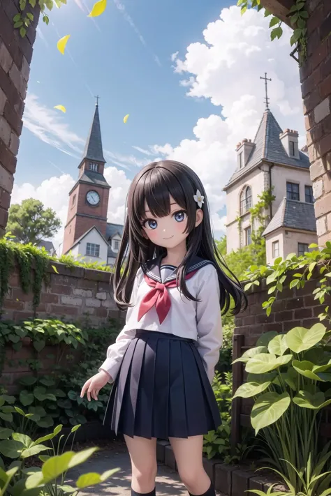 (masterpiece),  town,  blue sky,  1girl,  smile,  solo,  sailor uniform,  overgrown,  petals,  plant