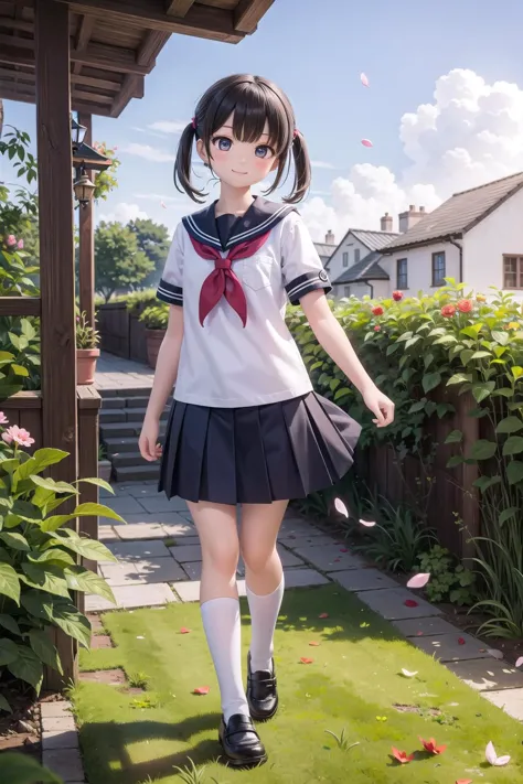 anime girl in a school uniform walking in a garden