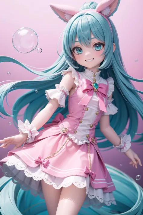 a close up of a doll with blue hair and a pink dress