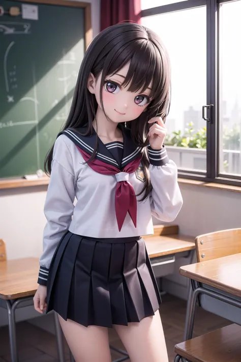 anime girl in a school uniform posing in front of a blackboard