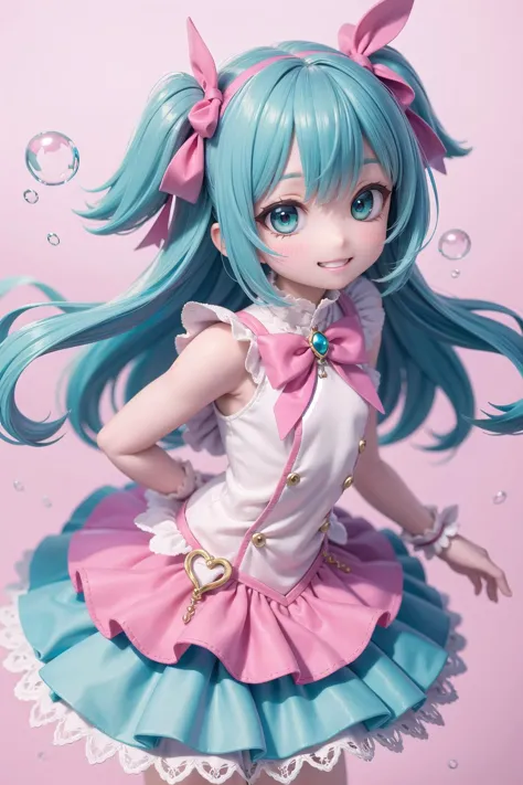 a close up of a doll with blue hair and a pink dress