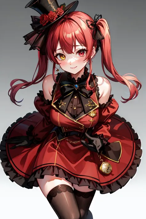 masterpiece, best quality, detailed hands, detailed lighting, highres, smile,
red eye, yellow eye,
houshouGothic, heterochromia, red eyes, yellow eyes, twintails, black ribbon, large breasts, mini top hat, hat flower, gothic, short dress, red dress, frilled dress, detached sleeves, frilled sleeves, corset, bowtie, black gloves, pocket watch, white thighhighs,