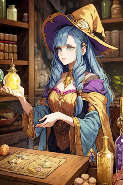 a shopkeeper witch in a fantasy rpg, selling potions