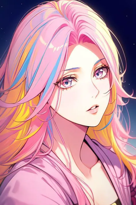 (solo, 1female, 70s, 70s style, multi colored hair, pink hair, blue hair, yellow hair, colorful)
, (absurdres, highres, official wallpaper, poster), (masterpiece, best quality:1.2), (illustration, realistic), (perfect details, highest detailed, extreme detailed), dramatic light,