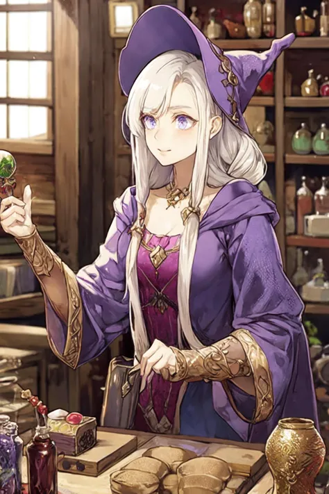 anime - style image of a woman in a purple dress holding a green object