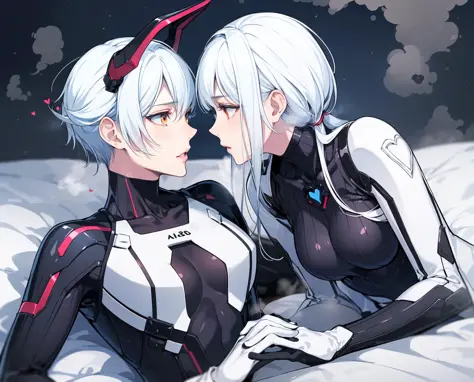 (two girls are interacting on the bed:1.2), (looking each other:1.4),holds hands, lying, masterpiece, (bodysuit:1.3), white hair,embarresed, (creature behind girls),bare stomach, headgear, embarresed, (steam:1.4),hotty, (white skin:1.3), (revealing powered...