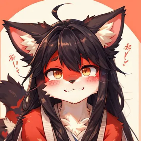 anime girl with long black hair and a red shirt with a cat ears