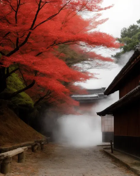 trees with red leaves in the mist and a stone path