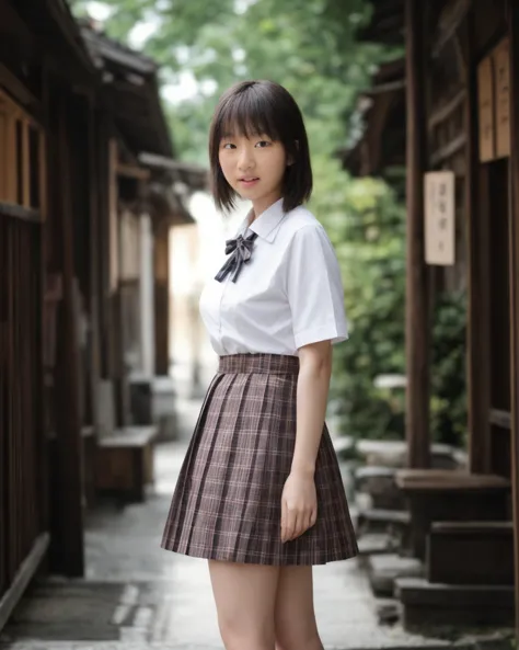 arafed asian woman in a skirt and shirt posing for a picture