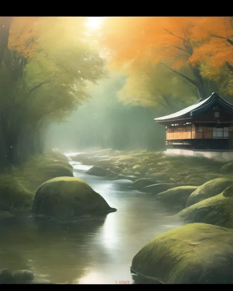 painting of a japanese style house in a forest with a stream