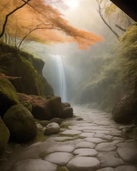 a view of a waterfall in a forest with rocks and trees