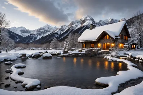 a large house with a pond in front of it in the snow