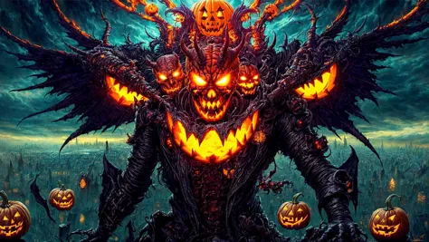 Dreamscape (masterpiece, top quality, best quality, official art, beautiful and aesthetic:1.2), demon with a jackolantern head a...