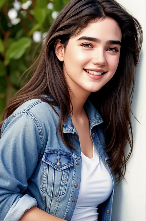 photographie de jg-jc0n, une belle fille d&#39;à côté sans effort portant un t-shirt et une veste unis, (sourire heureux et excité), jeans, photoréaliste, Hyperréalisme, Meilleure qualité, (texture naturelle de la peau, Visage très détaillé), chef-d&#39;œuvre, netteté, absurdes, par Arny Freytag