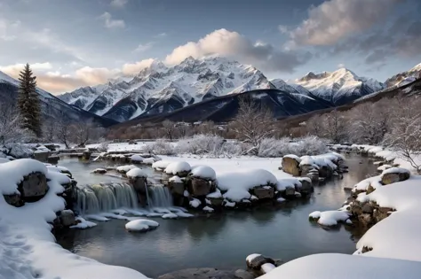 arafed view of a stream running through a snowy mountain valley