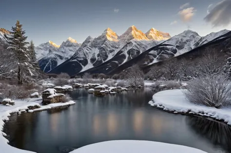 snowy mountains and a river in the foreground with snow on the ground