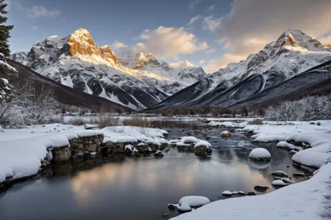 Obra maestra incomparable, (Fotorrealista:1.4), mejor calidad, hermosa iluminación, (primavera calurosa), (fondo de pantalla 8k extremadamente detallado), Foto completa del paisaje de la obra de arte más bella del mundo, Fondo de cielo nublado paisaje exuberante nevadas montañas y árboles, Cáucaso, arte conceptual de ilustración