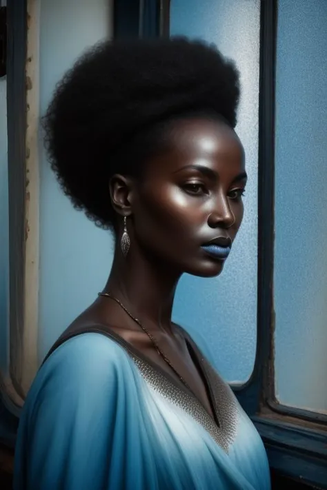 painting of African woman by the train window, 'close up', (Black color' and 'light blue color' and 'silver color':1.125), (text...
