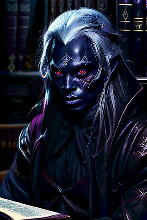 drow, librarian, solo, generic medieval reading room, masked person, hi res