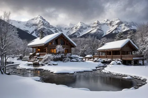 snowy cabin with a pond and a mountain in the background