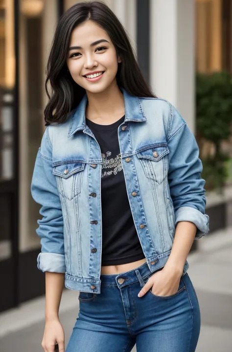 photograph of jg-jc0n, an effortlessly beautiful girl next door wearing a plain tshirt and jacket, (happy excited smile), jeans,...