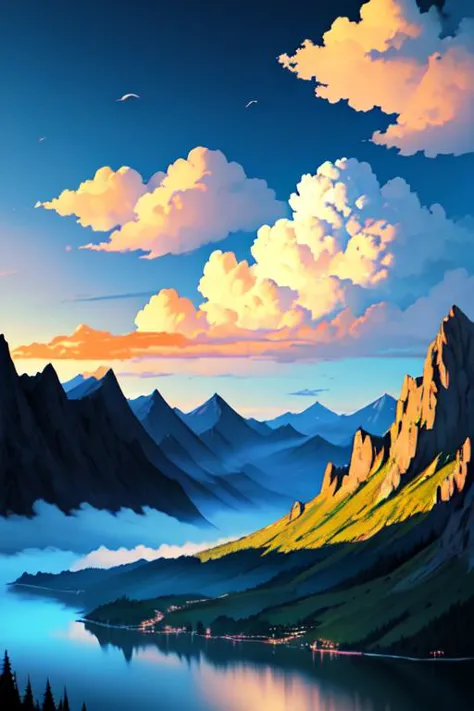 mountain, water, cloud,dreamscape,dream,landscape,<lora:DreamscapeIllustration:0.5>,