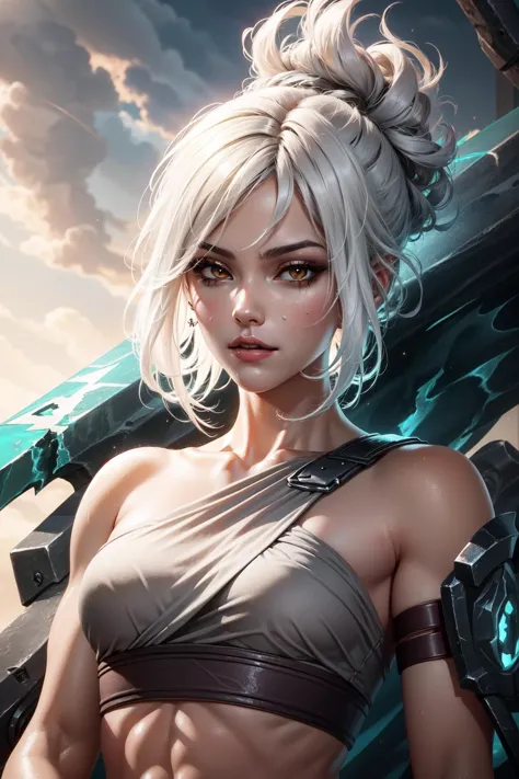 (Masterpiece:1.2), best quality, <lora:Riven-000016:0.8>, riven \(league of legends\), 1girl, sarashi, muscular female, abs, whi...