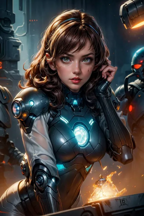 a woman in a futuristic suit with a gun and a robot