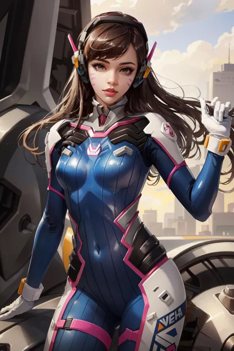 (masterpiece, best quality),  intricate details,
1girl,   <lora:dva:0.8> 1girl, d.va (overwatch), solo, long hair, whisker markings, bodysuit, brown hair, facial mark, gloves, breasts, brown eyes, pilot suit, cowboy shot, headphones, white gloves, medium breasts, swept bangs, skin tight, animal print, bangs, bunny print, ribbed bodysuit, facepaint, pink lips,