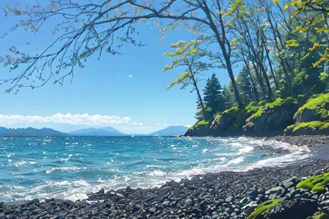 a bay with beautiful sparkling water and gentle waves and a dark rocky shore with a path into woodland on a brilliant spring day...