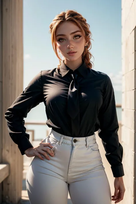 a woman in white pants and a black shirt posing for a picture