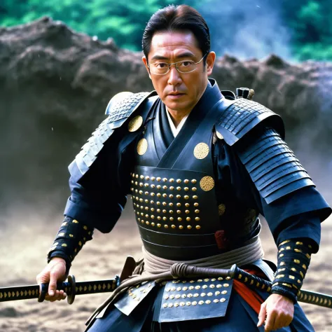 Fumio Kishida as samurai, wearing glasses, dynamic action movie still, Japanese epic samurai film, (looking at viewer:1.1), wear...