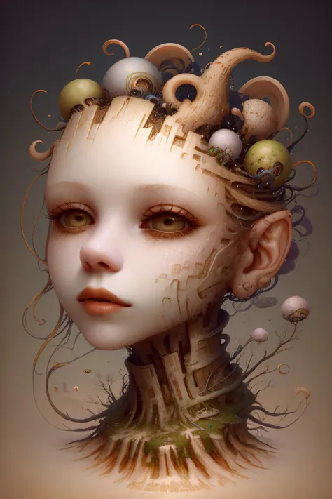 a head flying in the sky and turning into octopus with squids instead of hair, surrealistic landscape with a grassy area and a lake on the foreground and trees and mountain on the background, abstract shapes and dead black tree growing on the head while head flying in the sky, liquid flash, balls, 3D artwork by AIDA_NH_humans, surrealistic portrait in style of AIDA_NH_humans oil painting, impressionism, cyberpunk, kkw-ph1, isometric_dreams