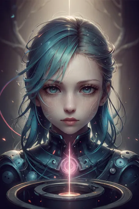 a girl with blue hair and a futuristic suit looks at the camera