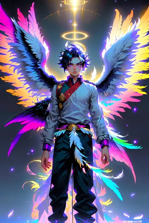 a man with wings standing in front of a star filled sky