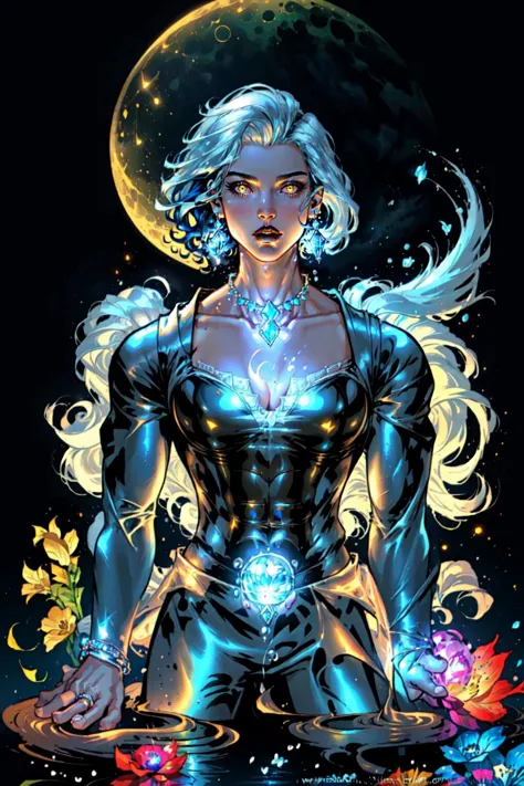 a woman in a black outfit with a glowing blue light on her chest