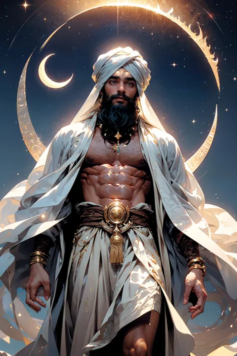 MOHAMMED, halo, islamic, turban, (brown skin:1.3), celestial ,ethereal, (beautiful detailed face), (masculine:1.21), robe, from below, muscular, (thigh reveal), long brown hair, beard, shirt pull, (crescent moon symbol), (chest reveal:1.21), high quality, highly detailed, pearlescent, majestic