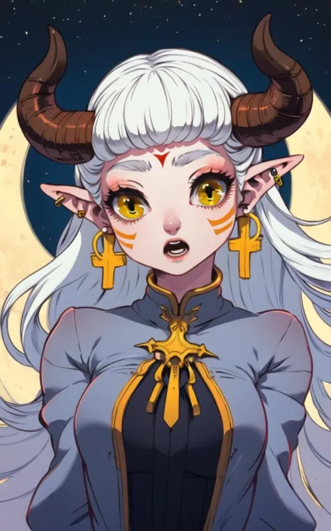 1girl, cross, demon horns, earrings, facial mark, full moon, horns, jewelry, long hair, looking at viewer, moon, open mouth, pie...