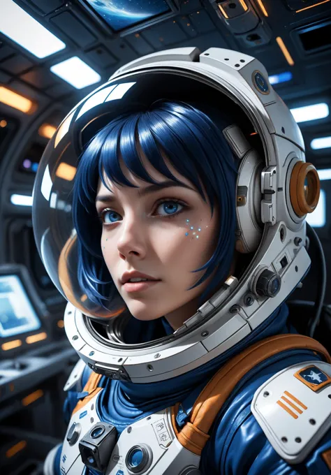 a woman in a space suit with blue hair and a helmet