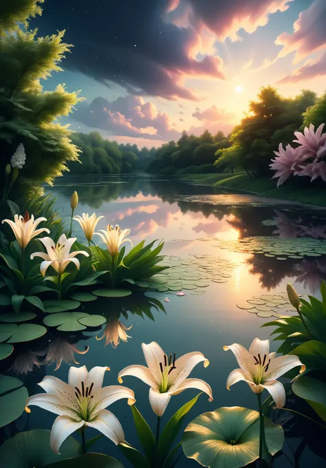 detailed background,( Calm spring night landscape), amongst lush greenery, beautiful view, lily flower in full bloom, lily flower, early morning, sunrise sky, beautiful clouds, dappled sunlight, beautiful, Tranquil Lake, Walkway, petals dancing in the wind, depth of field, masterpiece, best quality, ultra-detailed, very aesthetic, illustration, perfect composition, intricate details, absurdres, moody lighting, wisps of light, no humans,