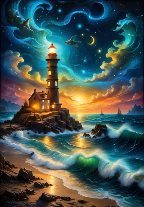 a nocturnal seascape with a lighthouse illuminating a starry sky where constellations come to life as mythical animals, (magical...