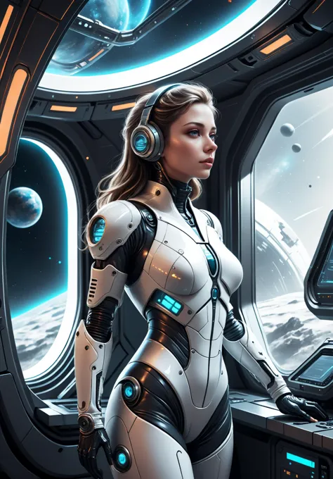 Digital illustration of a woman in a sleek, futuristic space suit, exploring a high-tech space station with large panoramic windows revealing a distant galaxy. Art style: sleek and clean, inspired by concept art from futuristic video games (artstation:1.2), (intricate details:1.14), lighting: ambient light with highlights of futuristic tech glow.