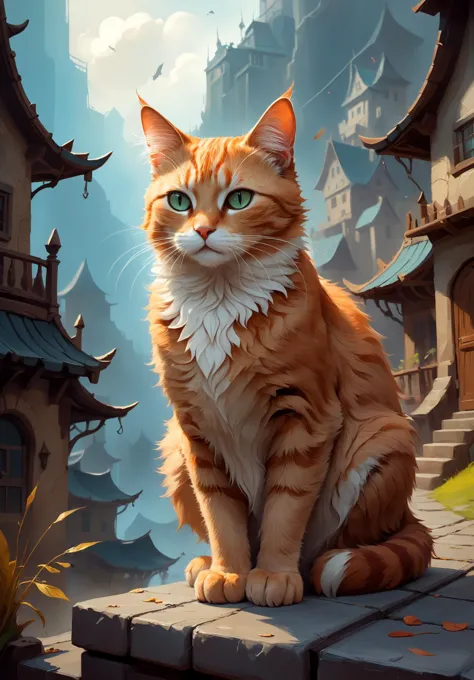 a cat, Fantasy concept art style, digital painting, imaginative, dynamic composition, professional-grade execution, creates immersive world and landscape, brush strokes, epic, magical