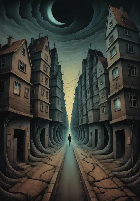 surreal illustration depicting a nightmarish dreamscape, where distorted, faceless figures loom over a twisted version of a fami...