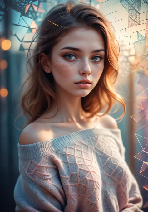 1girl,mysterious girl with freckles,an exotic girl in off-shoulder sweater,fading backlit background,pastel colors,alluring goddess,amazing depth,double exposure,surreal,geometric patterns,intricately detailed,bokeh,perfect balanced,deep fine borders,artistic photorealism,smooth