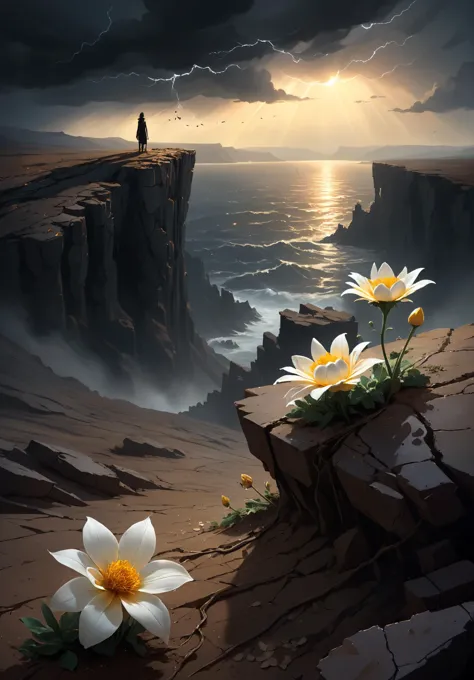 concept art Under a perpetually stormy sky, in a realm where darkness reigns supreme, a single, bright, lonely light pierces the blackness, emanating from a lone glowing flower at the edge of a cliff. This flower, with petals that radiate a soft, golden light, stands as the last beacon of hope in a world consumed by sadness and ruin. The landscape below is a desolate expanse of cracked earth and dead vegetation, stretching into the horizon under the weight of eternal twilight. The flower's glow casts long, dramatic shadows, illuminating the tears in the earth and the remnants of a forgotten past. This poignant image tells a story of resilience, where even in the depths of despair, a spark of light can bring a sense of hope and beauty. digital artwork, illustrative, painterly, matte painting, highly detailed