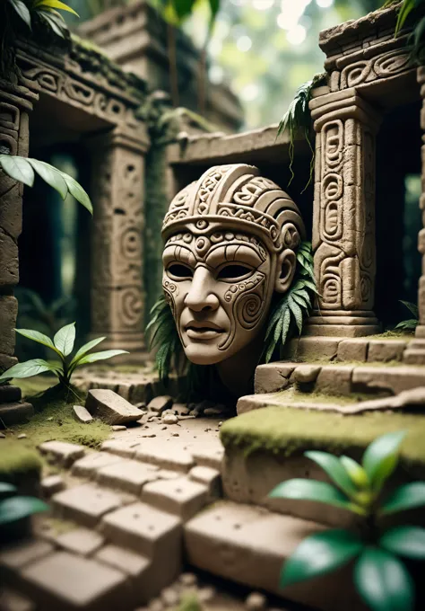 tilt-shift photo of Ancient jungle ruins with a morphing mask. In an absurd situation. . selective focus, miniature effect, blurred background, highly detailed, vibrant, perspective control